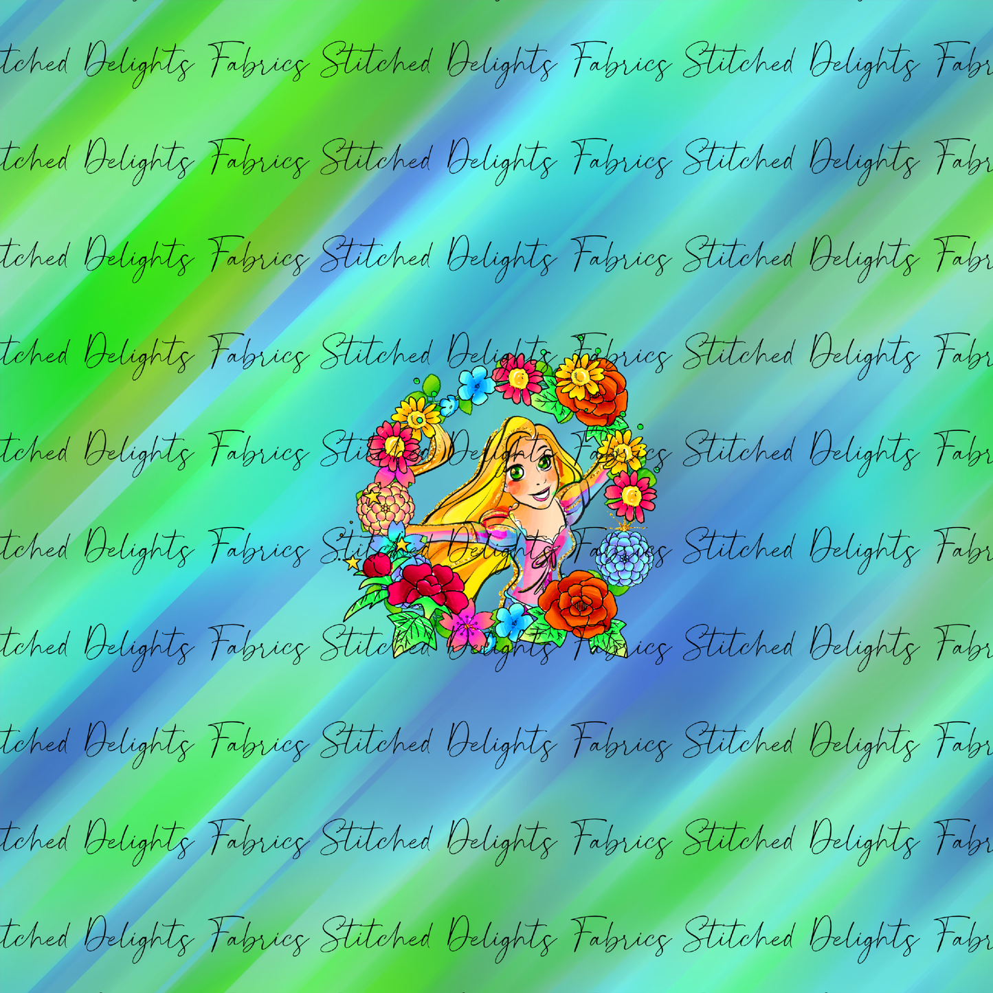 Princesses & Castles Rapunzel Floral Wreaths Green Blue Panel
