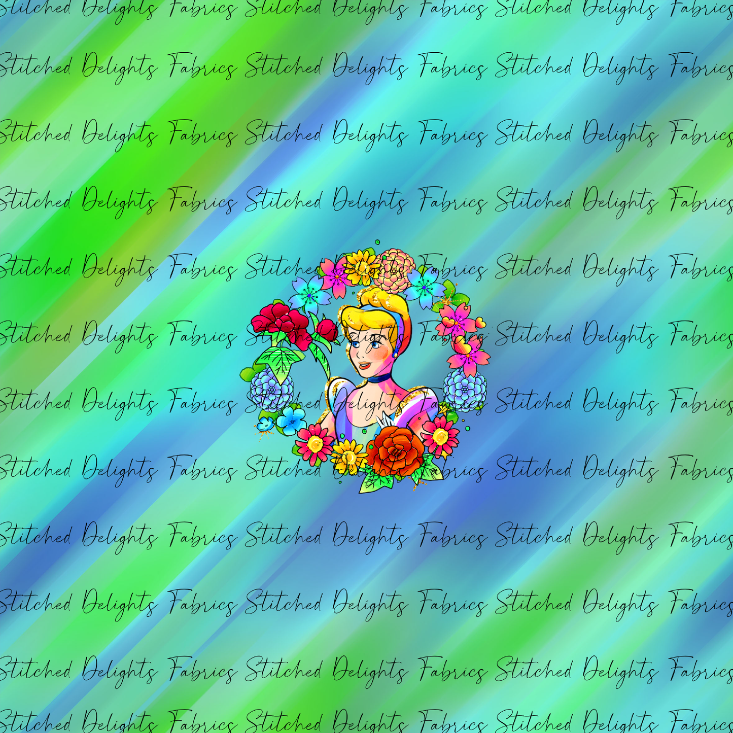 Princesses & Castles Cinderella Floral Wreaths Green Blue Panel