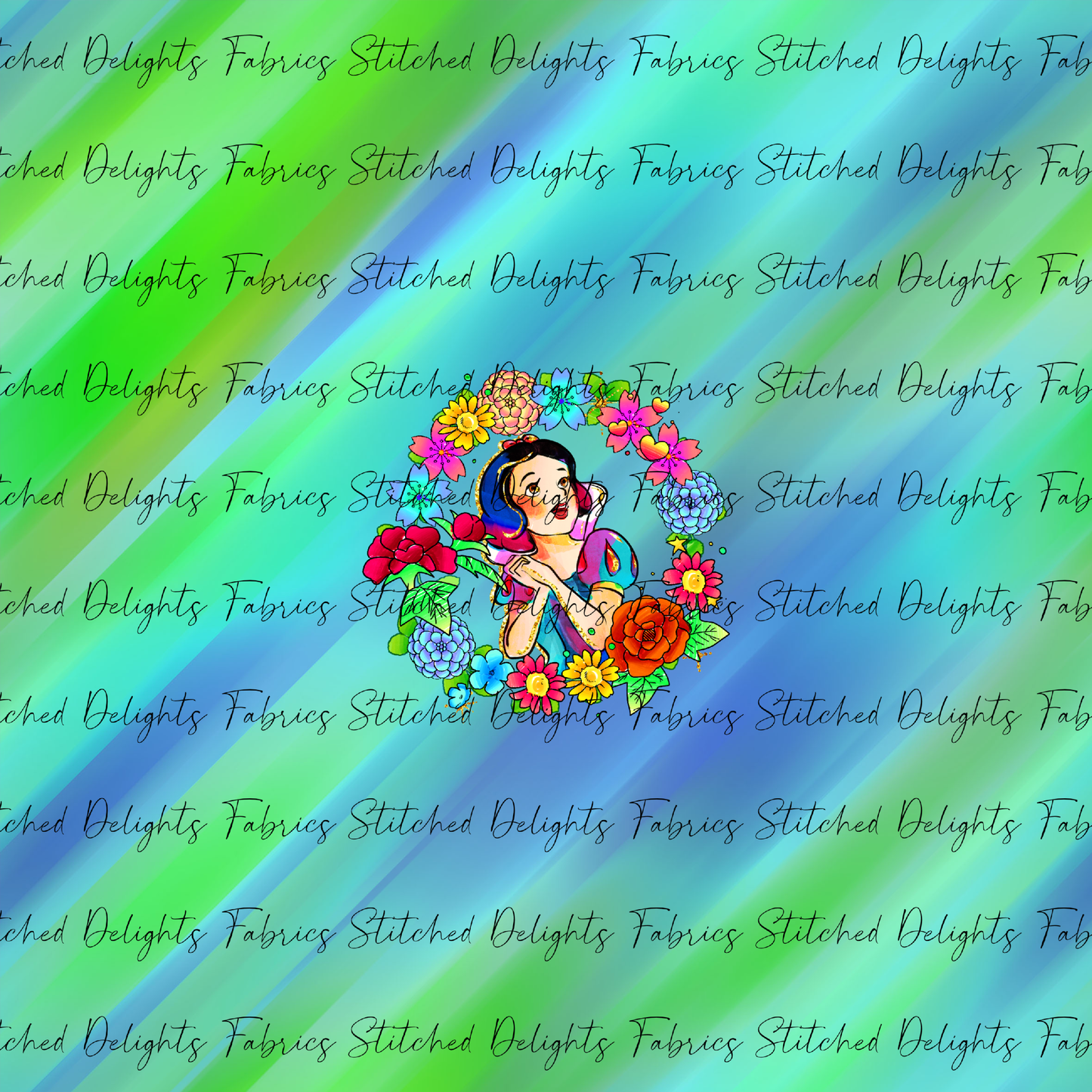 Princesses & Castles Snow White Floral Wreaths Green Blue Panel