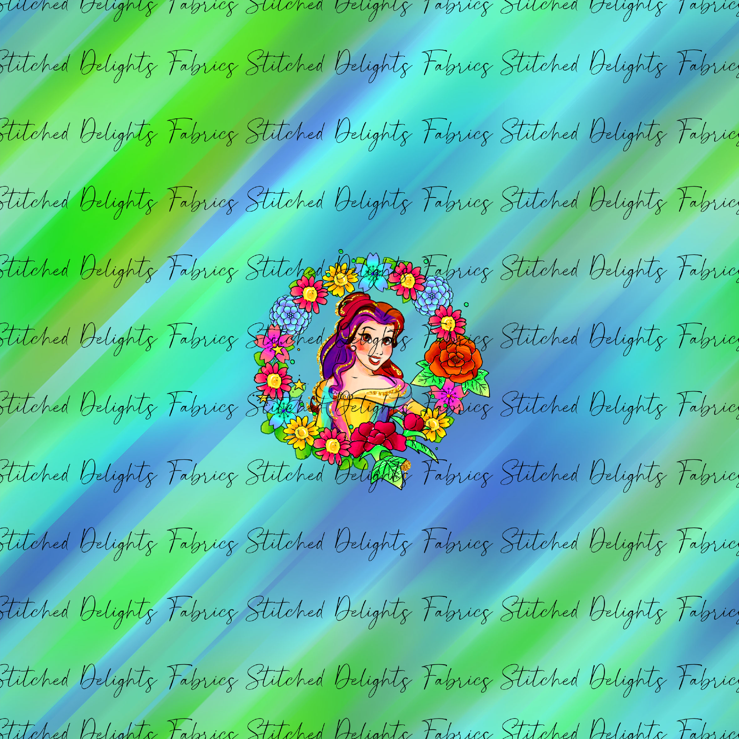 Princesses & Castles Belle Floral Wreaths Green Blue Panel