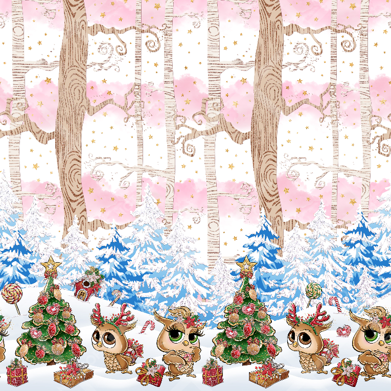 Christmas Owls Forest Border Print