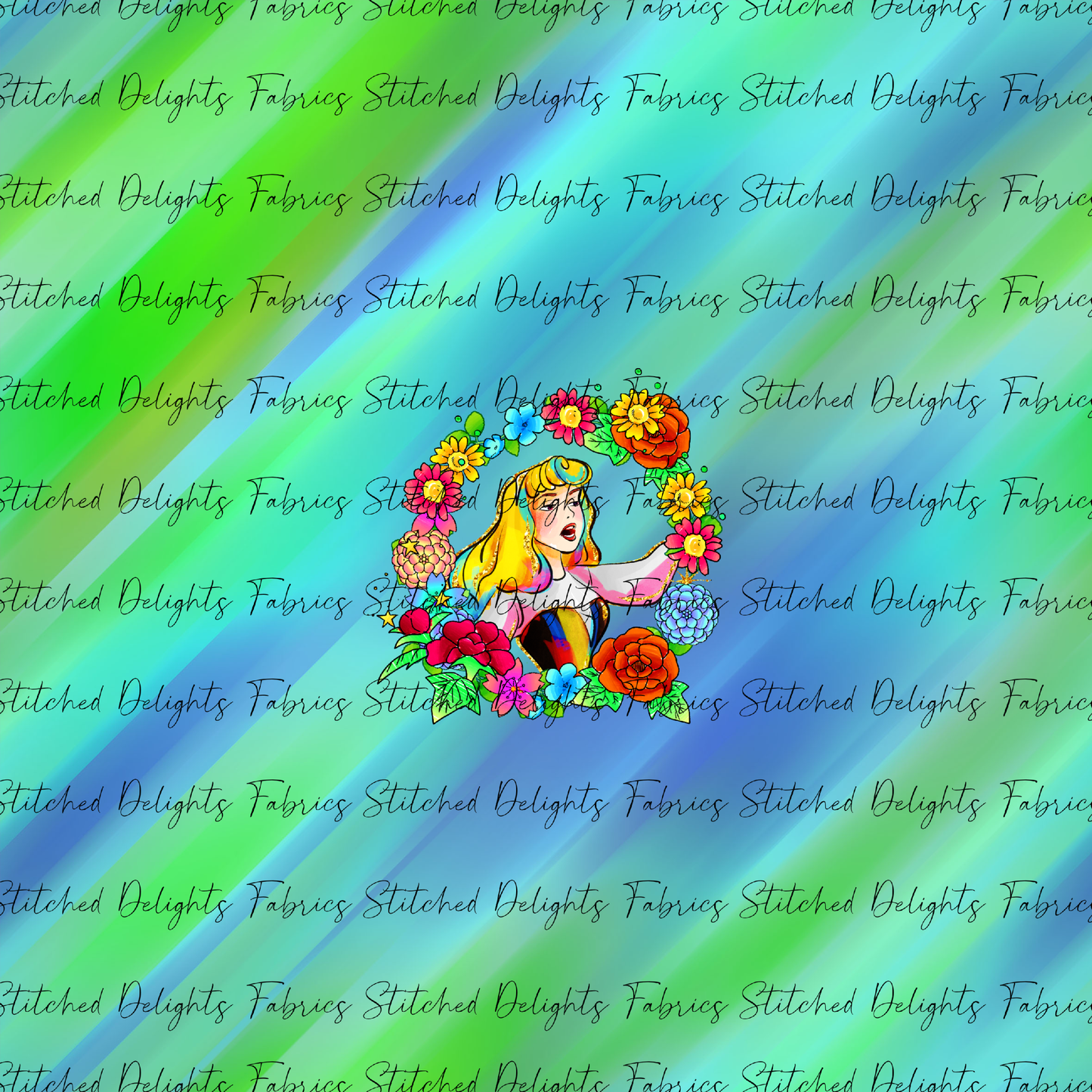 Princesses & Castles Aurora Floral Wreaths Green Blue Panel