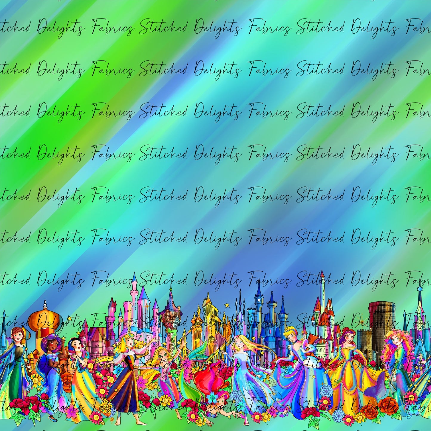 Princesses & Castles Border Print Green Blue
