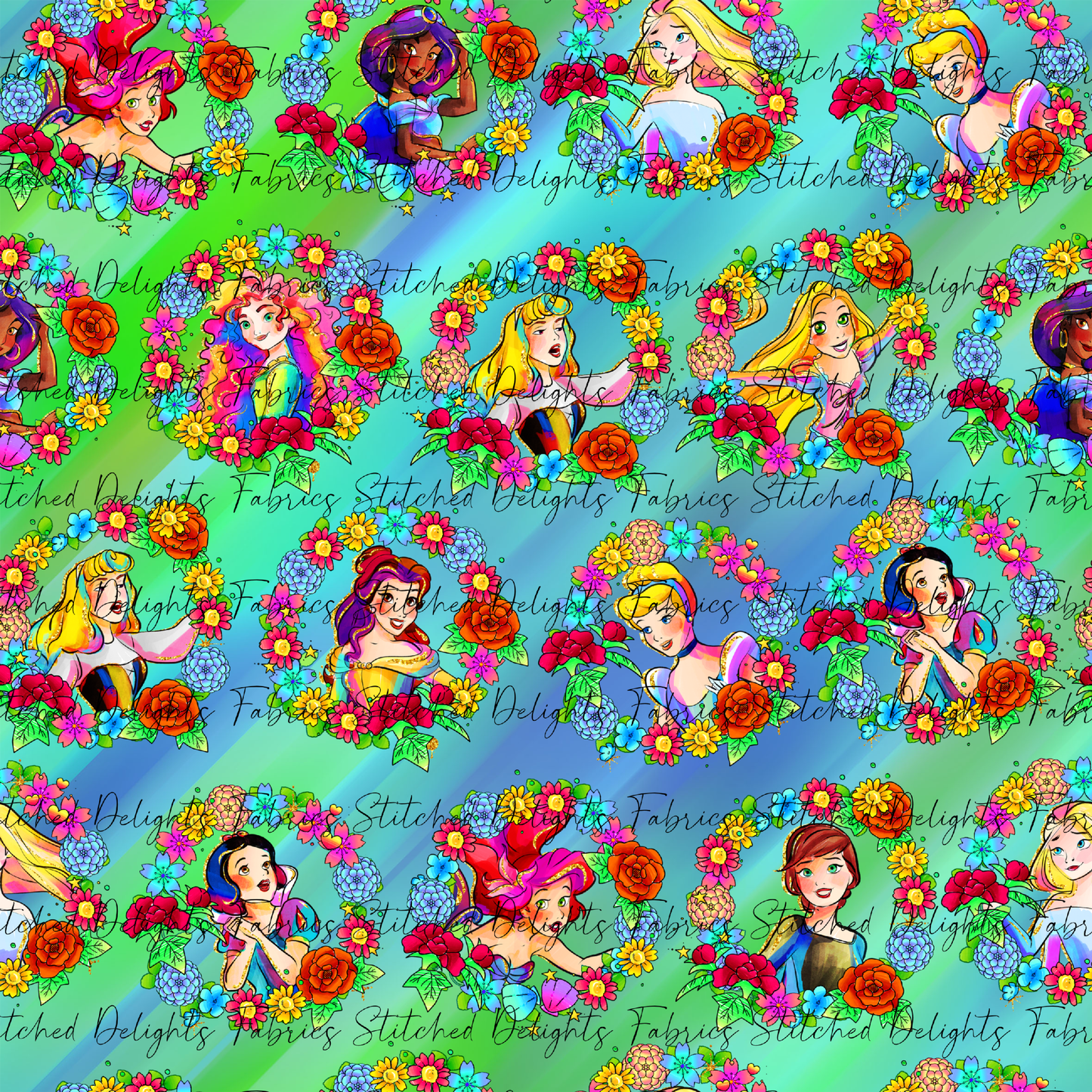 Princesses & Castles Floral Wreath Green Blue