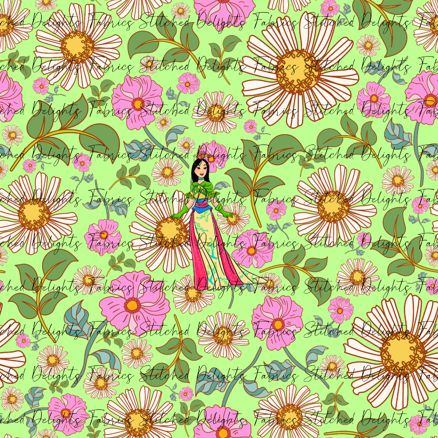 Poke Princess Green Florals Mulan Panel