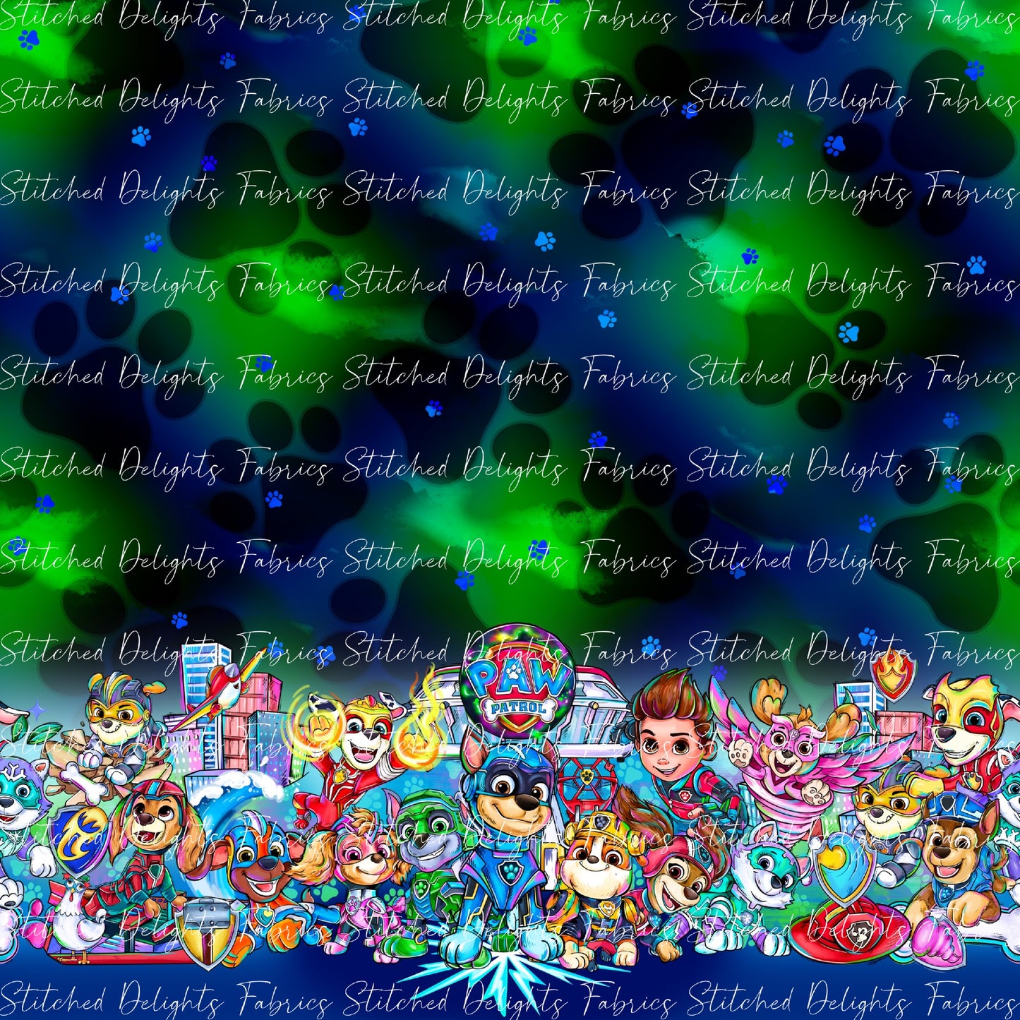 Mighty Pups Blue Green Border Print