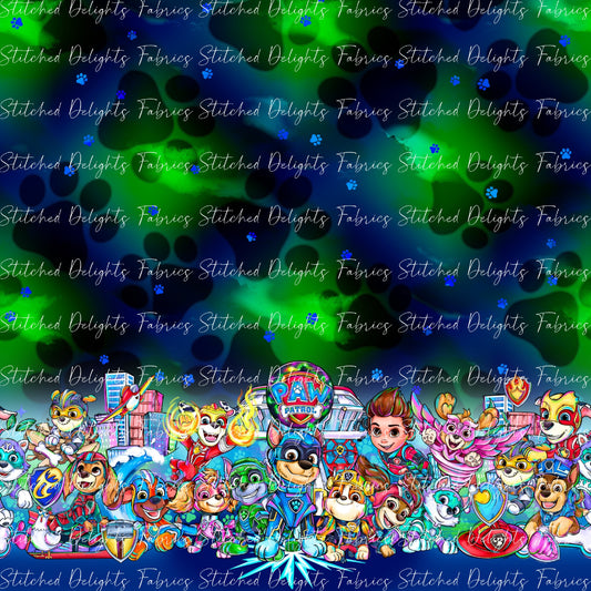 Mighty Pups Blue Green Border Print